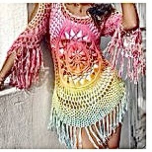 🆕Colorful Crochet Fringed Swimsuit Cover-Up. Size S. NWT.